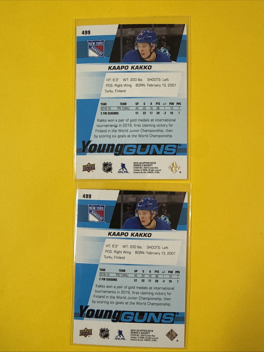 Kaapo Kakko 2019/20 Upper Deck 2 Young Guns Rookie Cards - back