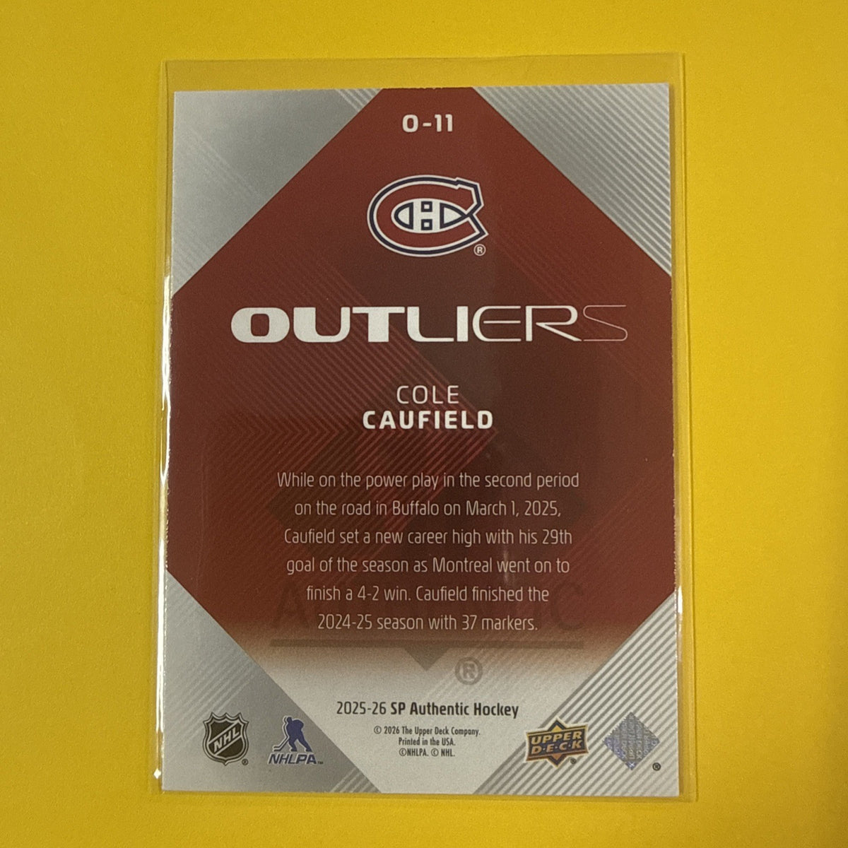 Cole Caufield 2025/26 SP Authentic Outliers Card - back