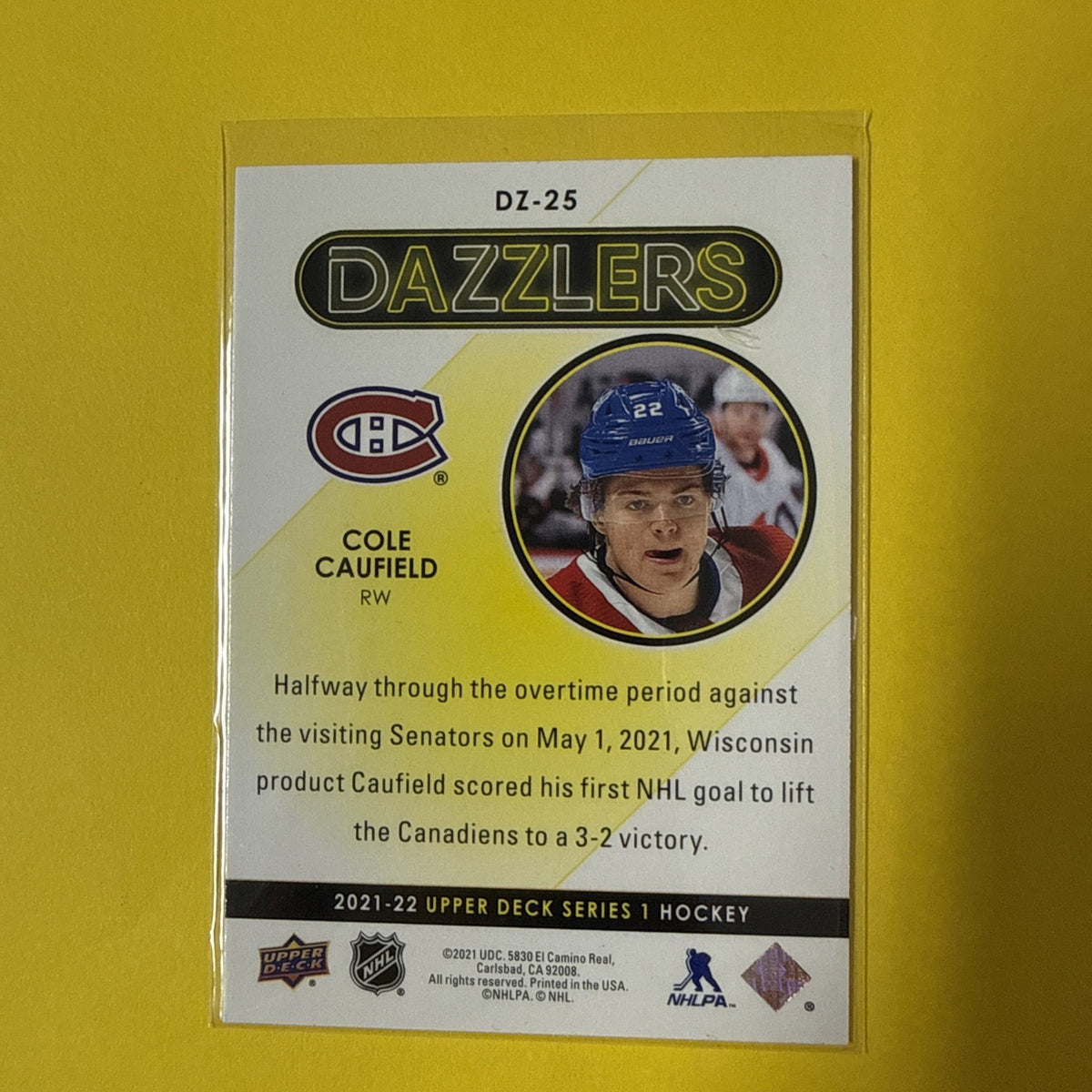 Cole Caufield 2021/22 Blue Dazzlers Rookie Card - back