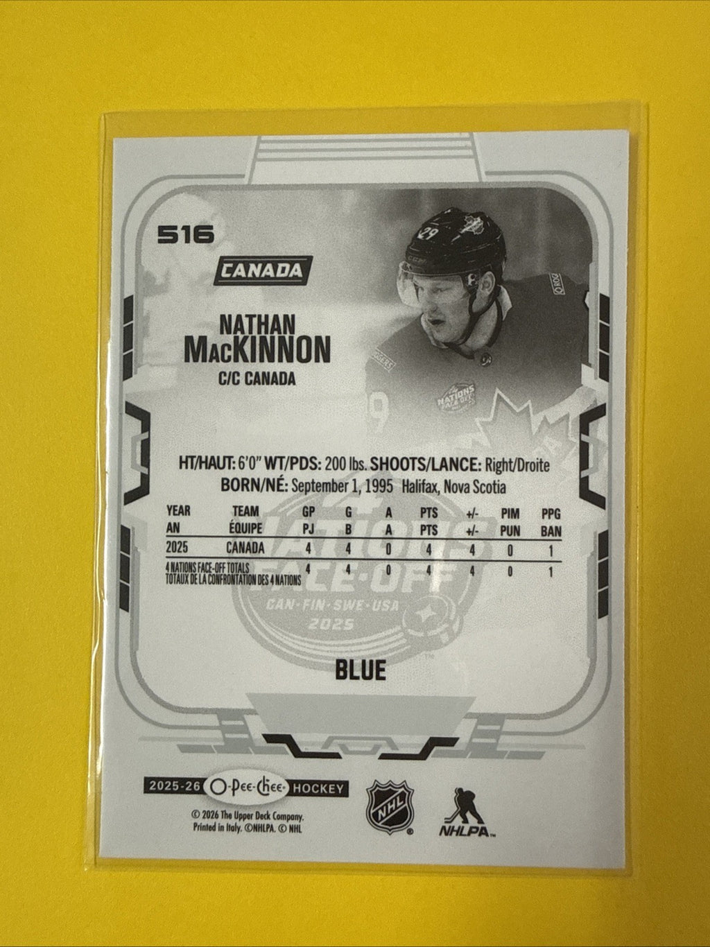 2025-26 O-Pee-Chee Nathan MacKinnon 4 Nations Face Off Blue Border SP Canada - back