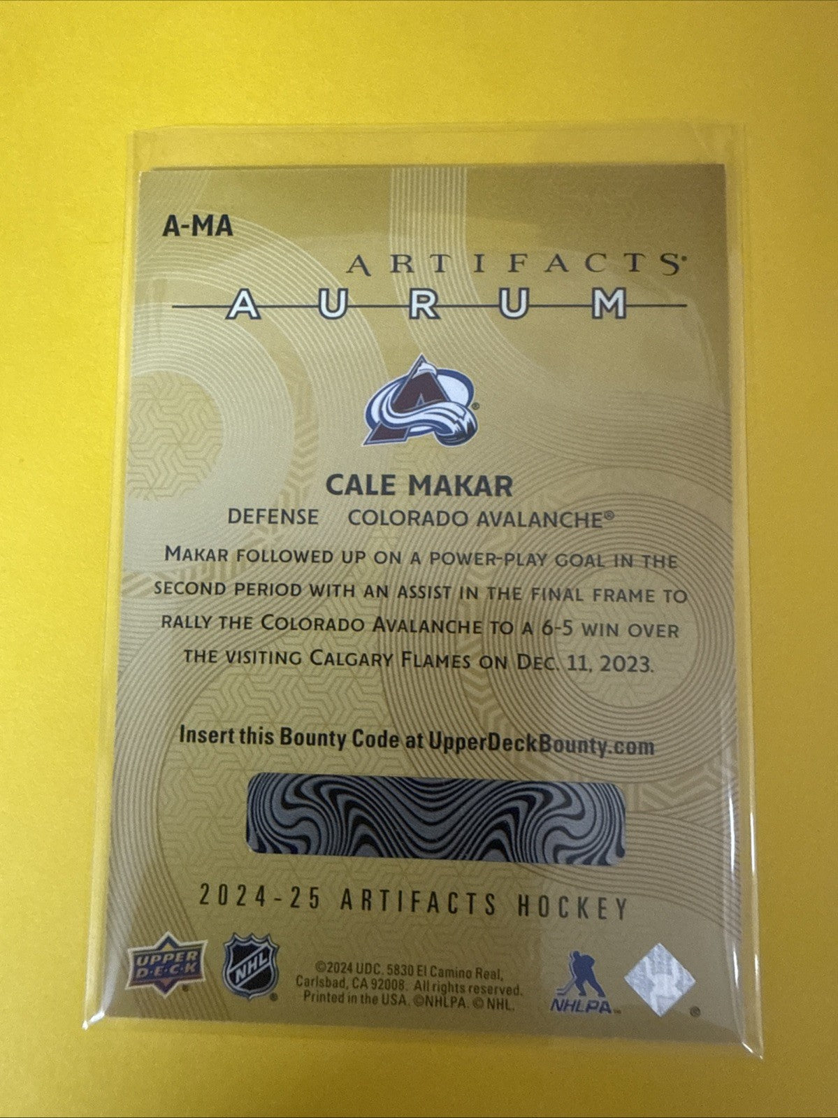 Cale Makar 2024/25 Artifacts Hockey Card - back