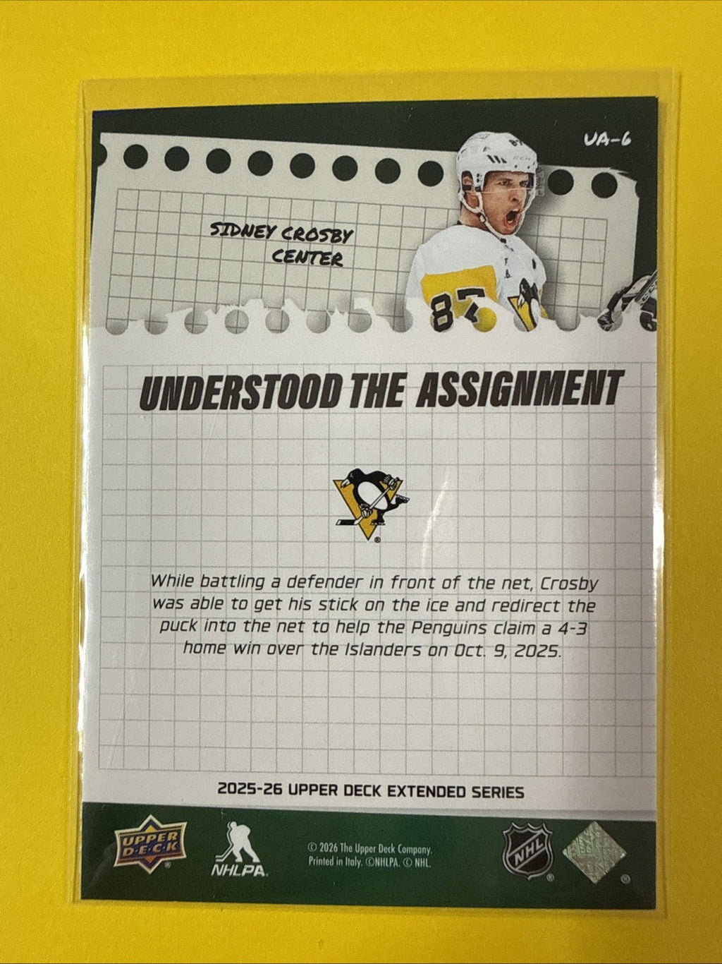 Sidney Crosby 2025/26 UD Extended Series Card #UA-6 - back