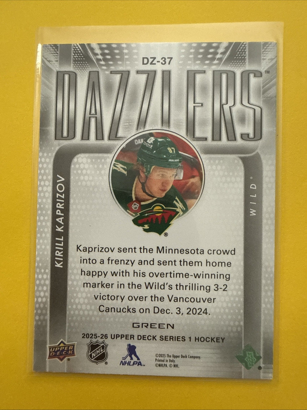 Kirill Kaprizov 2025/26 UD Dazzlers Green Card - back