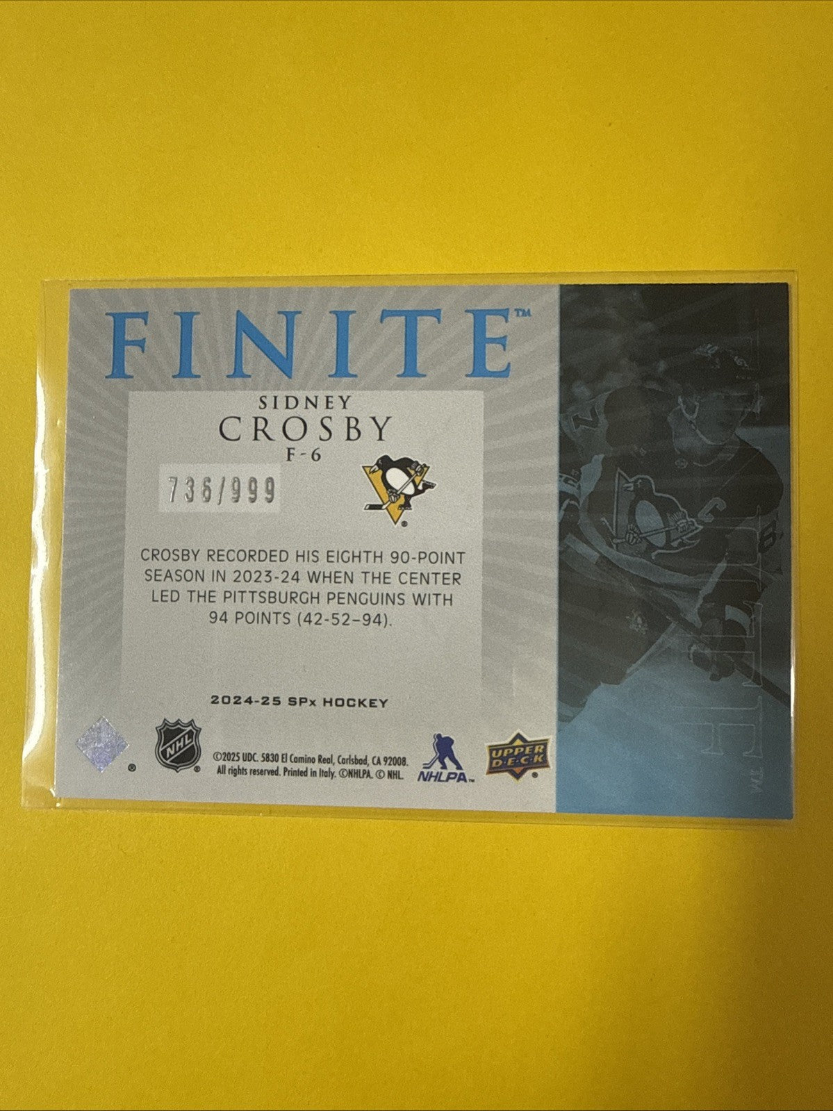 Sidney Crosby 2024/25 SPx Finite Card 736/999 - back