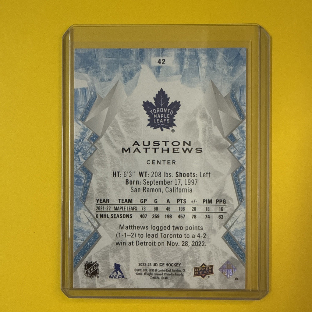 Auston Matthews 2022/23 UD Ice Orange Glow Card - back