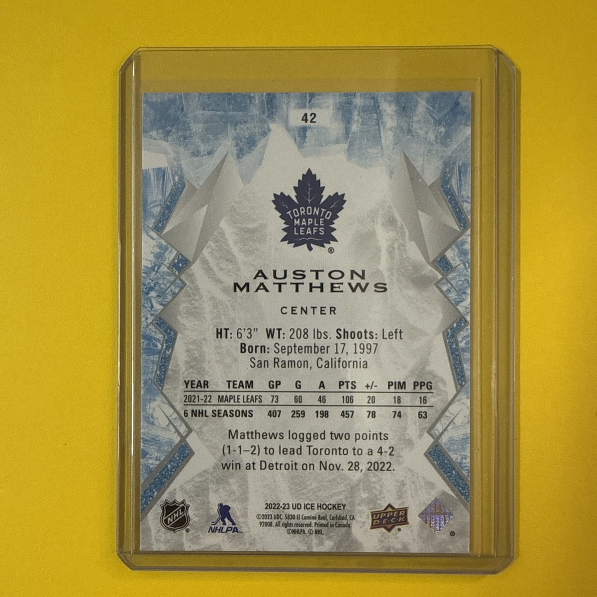 Auston Matthews 2022/23 UD Ice Orange Glow Card - back