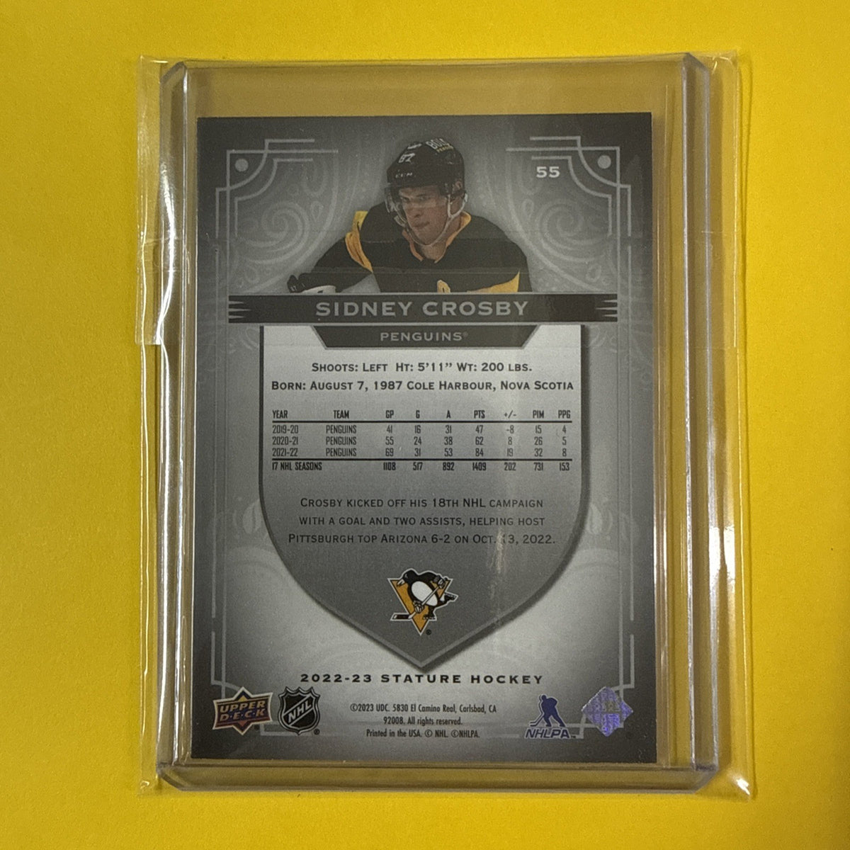 Sidney Crosby 2022/23 Stature Card - back