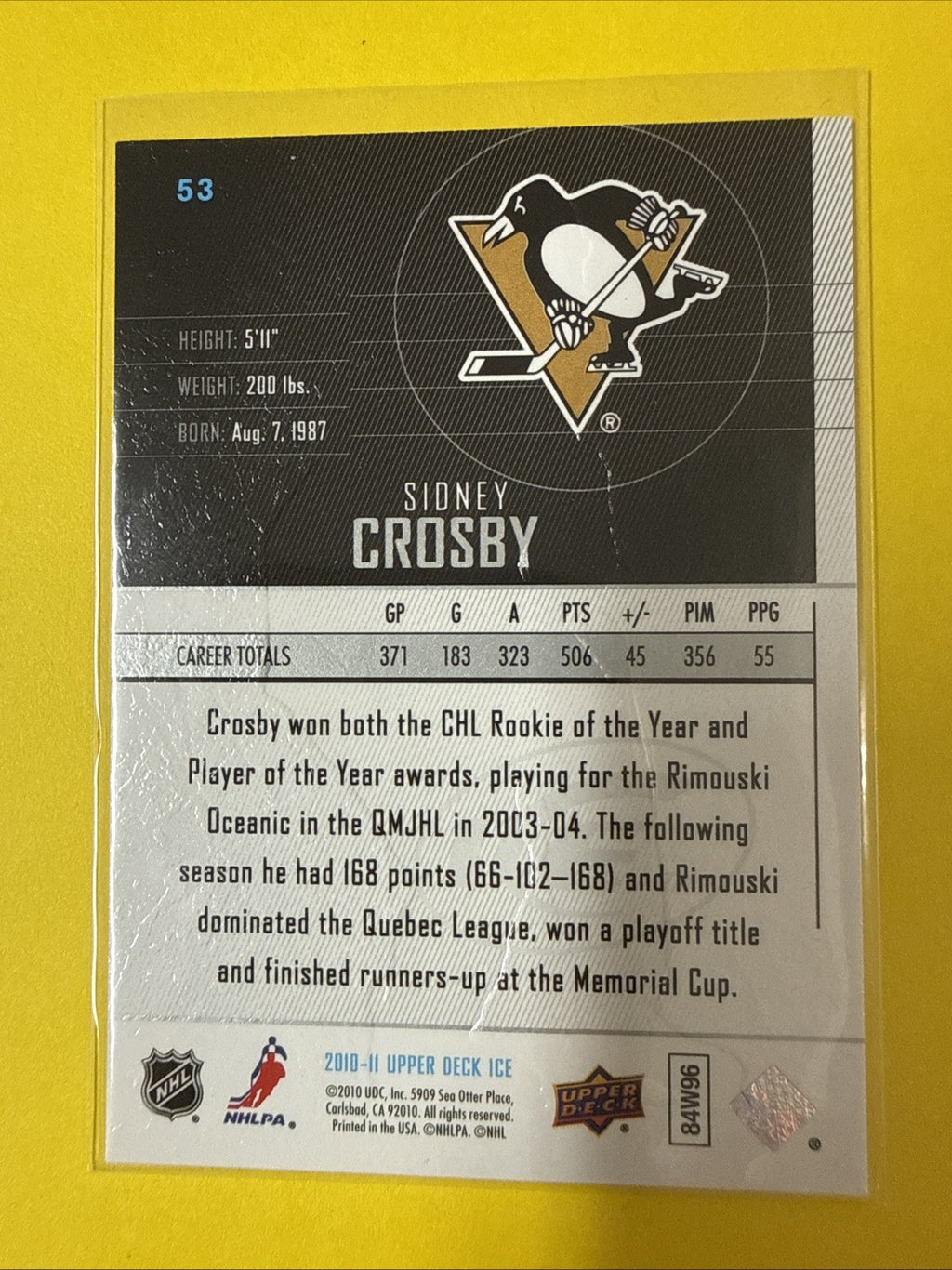 Sidney Crosby 2010/11 Cards - back