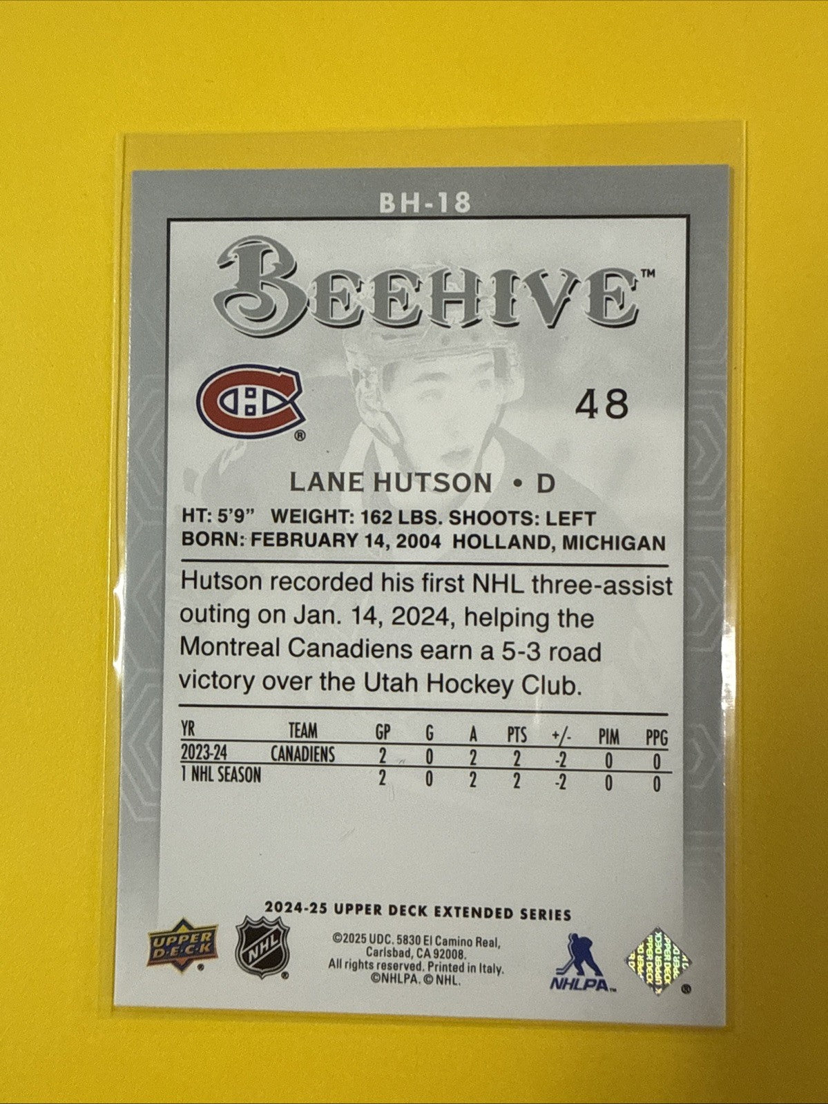 Lane Hutson 2024/25 Beehive Rookie Card - back