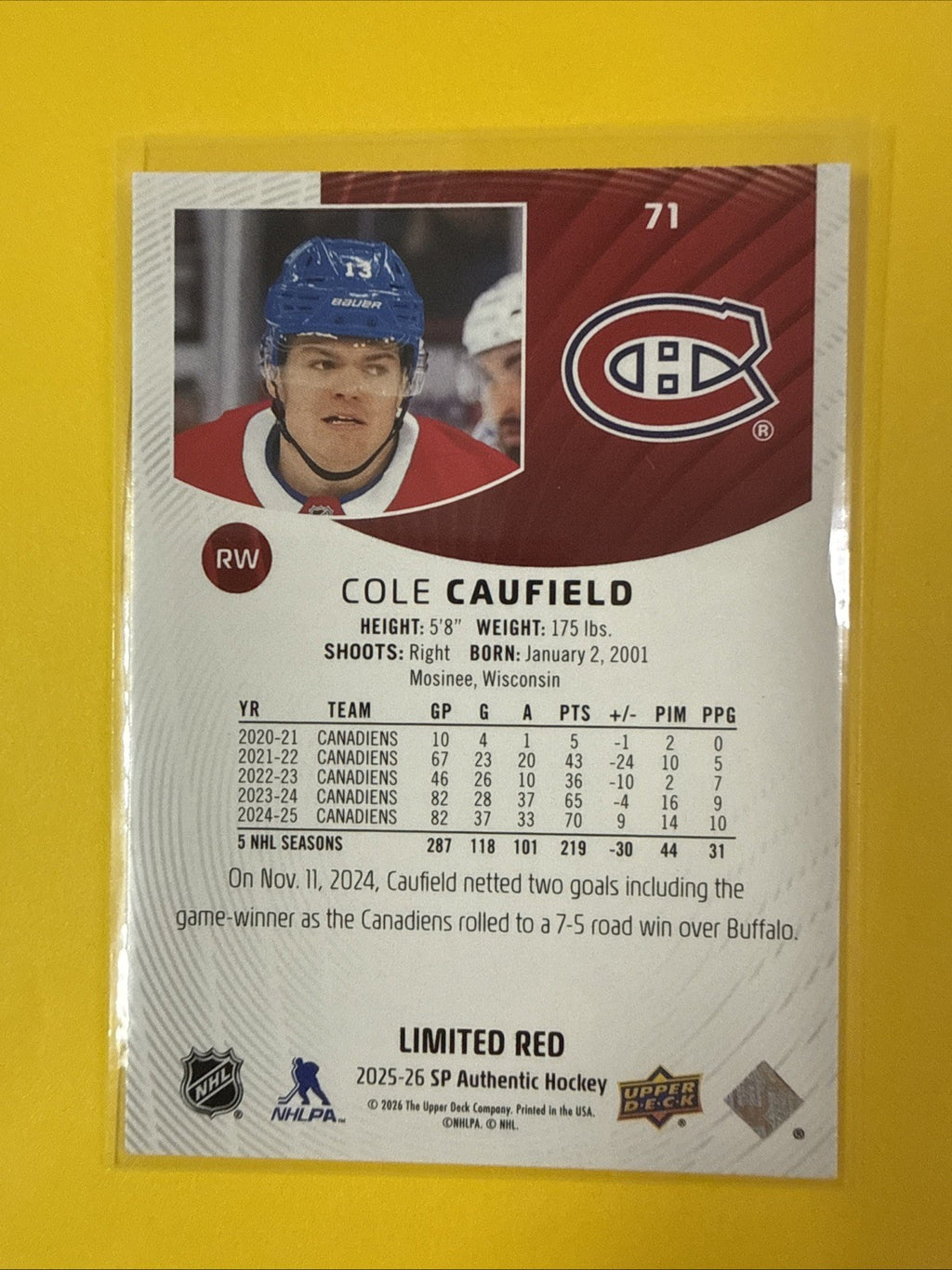 Cole Caufield 2025/26 SP Authentic Limited Red Card - back