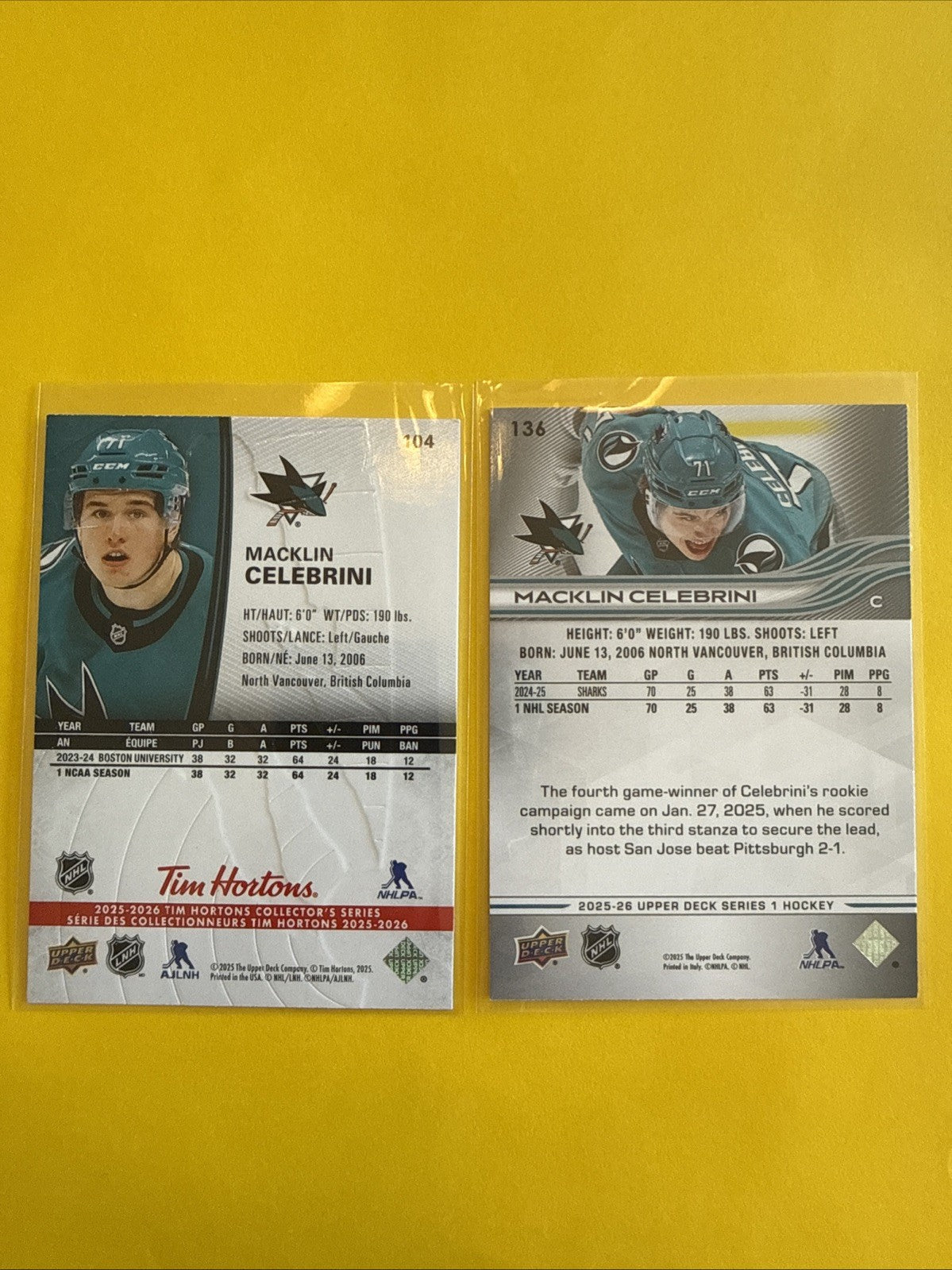 Macklin Celebrini 2025/26 Upper Deck + Tim Hortons Rookie Card - back