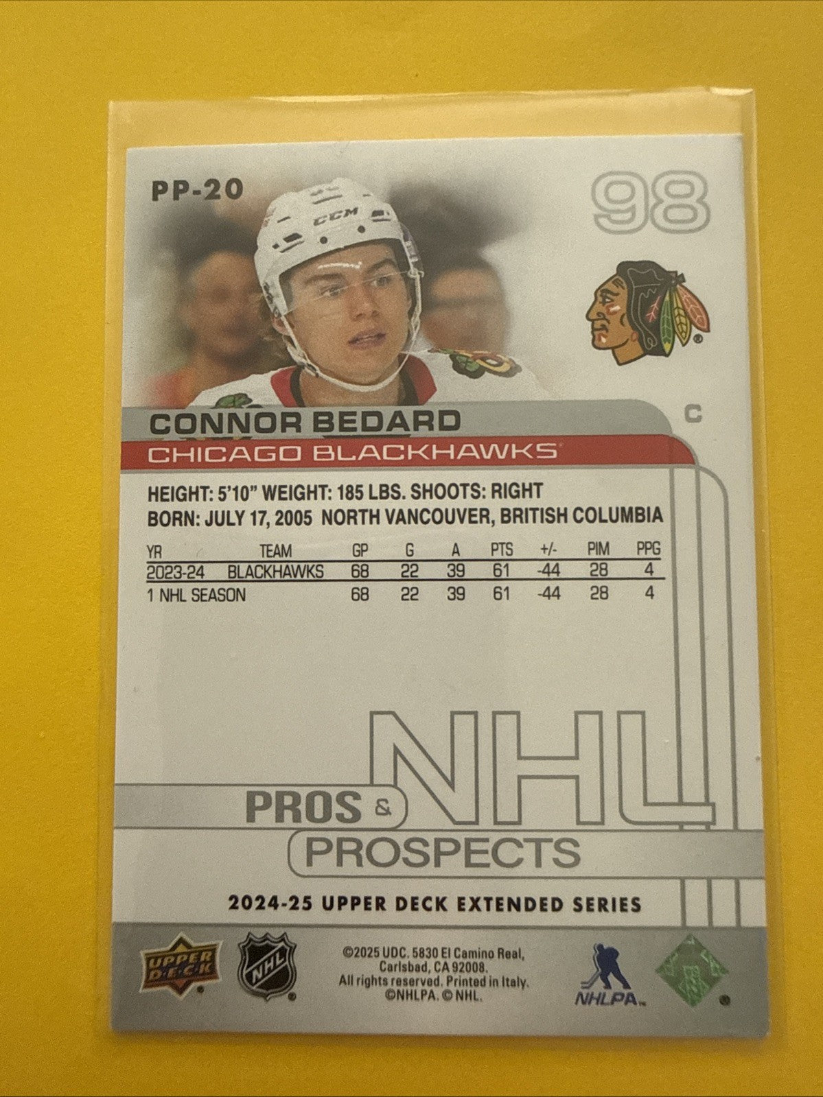 Connor Bedard 2024/25 UD NHL Pros& Prospects Card - back