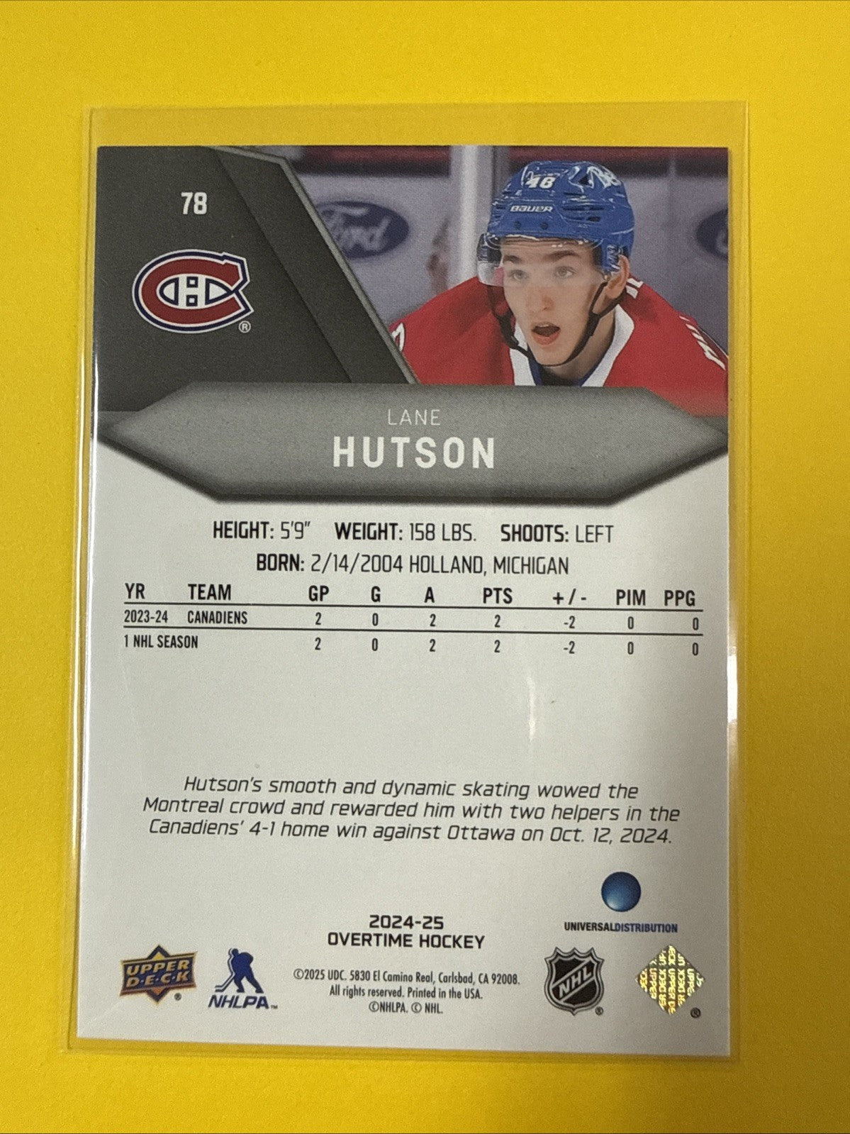 Lane Hutson 2024/25 Overtime Rookie Card - back