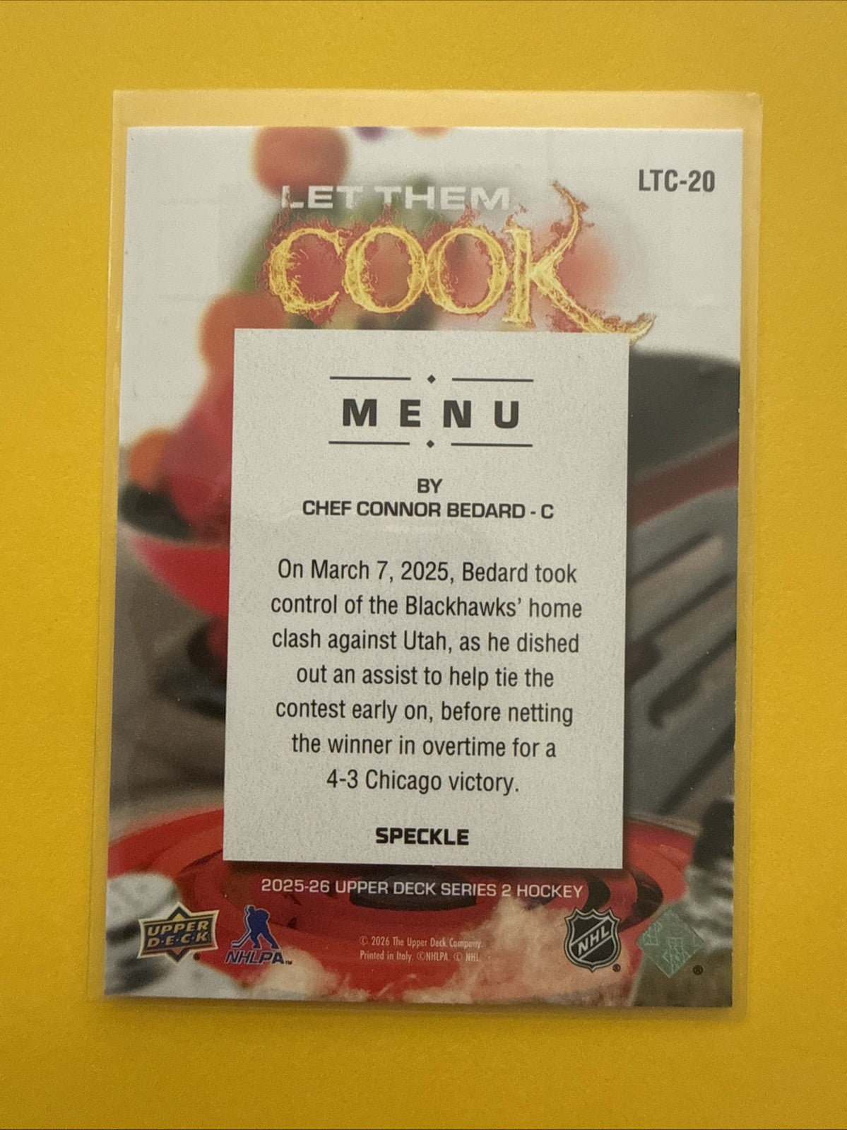 Connor Bedard 2025/26 UD Let Them Cook Speckle Blue Card - back