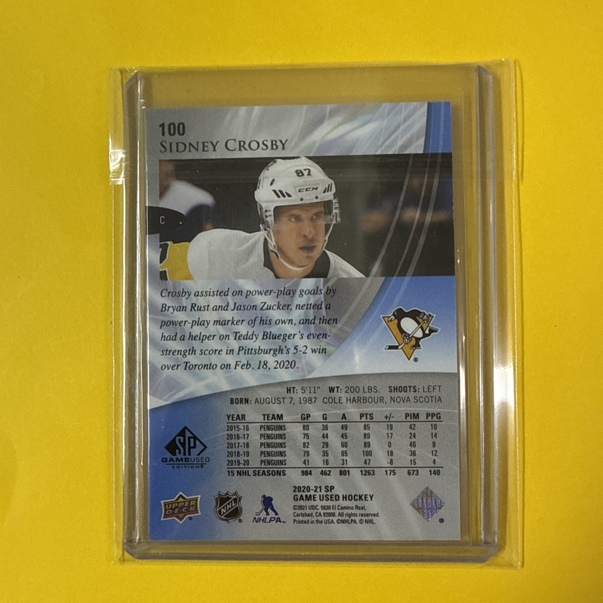 Sidney Crosby 2020/21 SP Game Used Blue Card Out of /165 - back