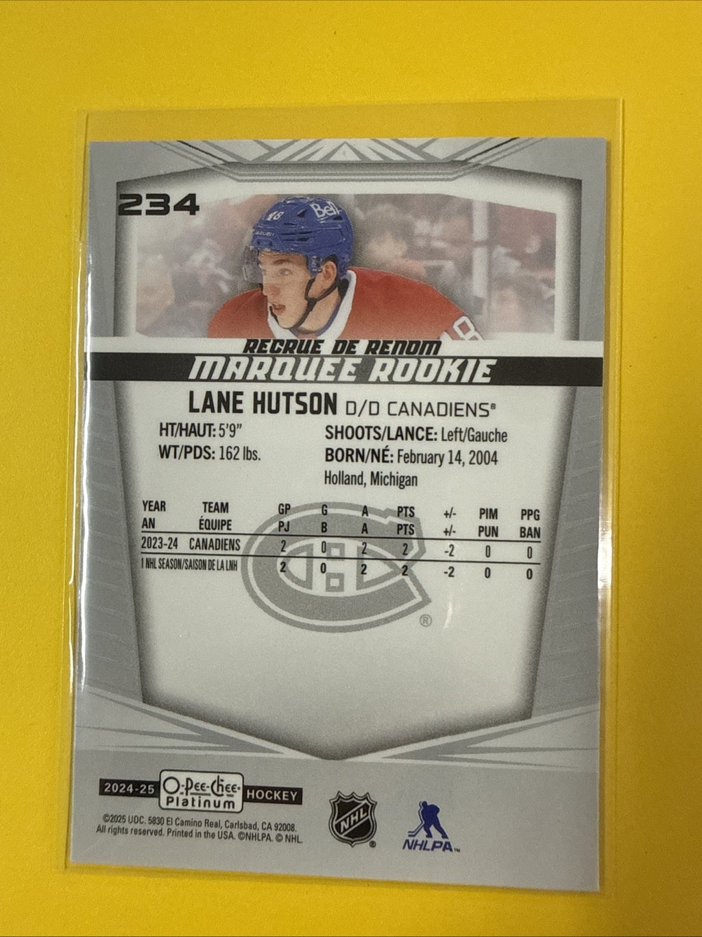 Lane Hutson 2024/25 O Pee Chee Platinum Rookie Card - back