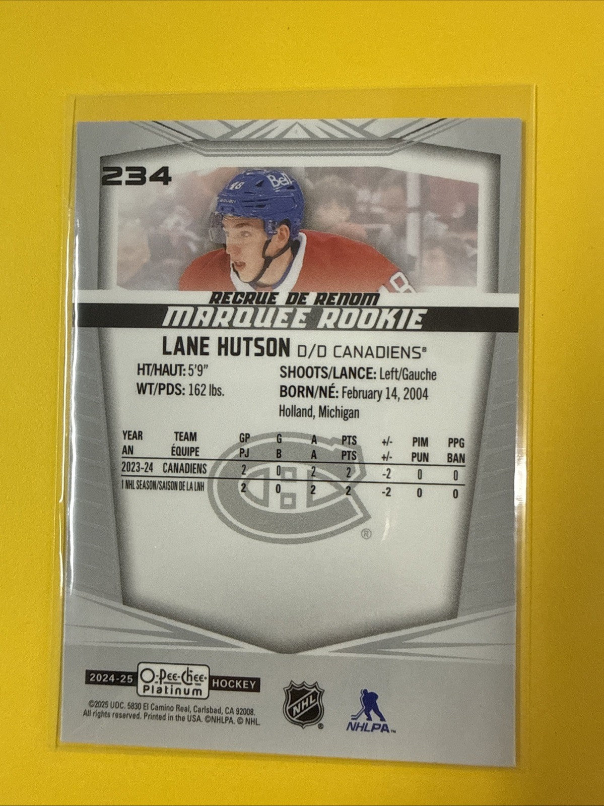 Lane Hutson 2024/25 O Pee Chee Platinum Rookie Card - back