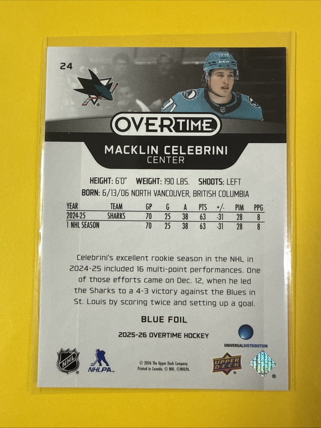 Overtime 2025/26 Blue Foil Macklin Celebrini Card - back