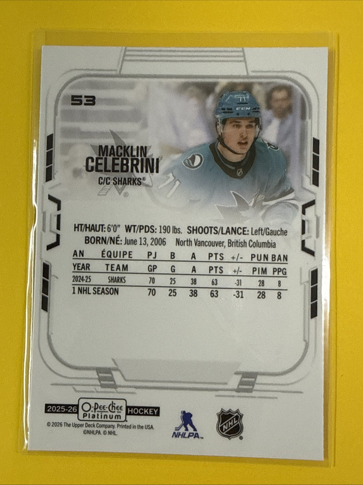 Macklin Celebrini 2025/26 O Pee Chee Platinum Card - back