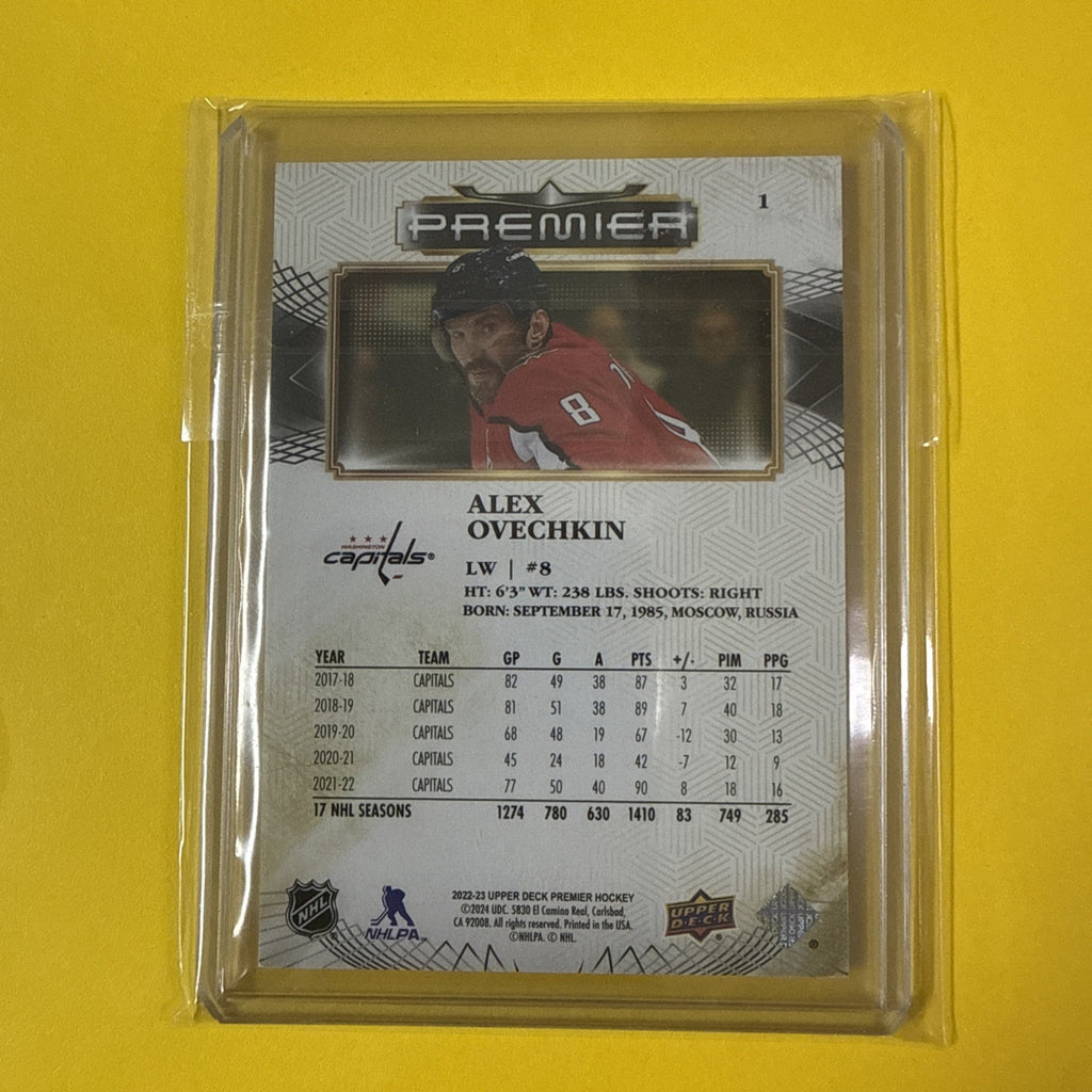 Alex Ovechkin 2022/23 UD Premier Gold Card Out of /65 - back