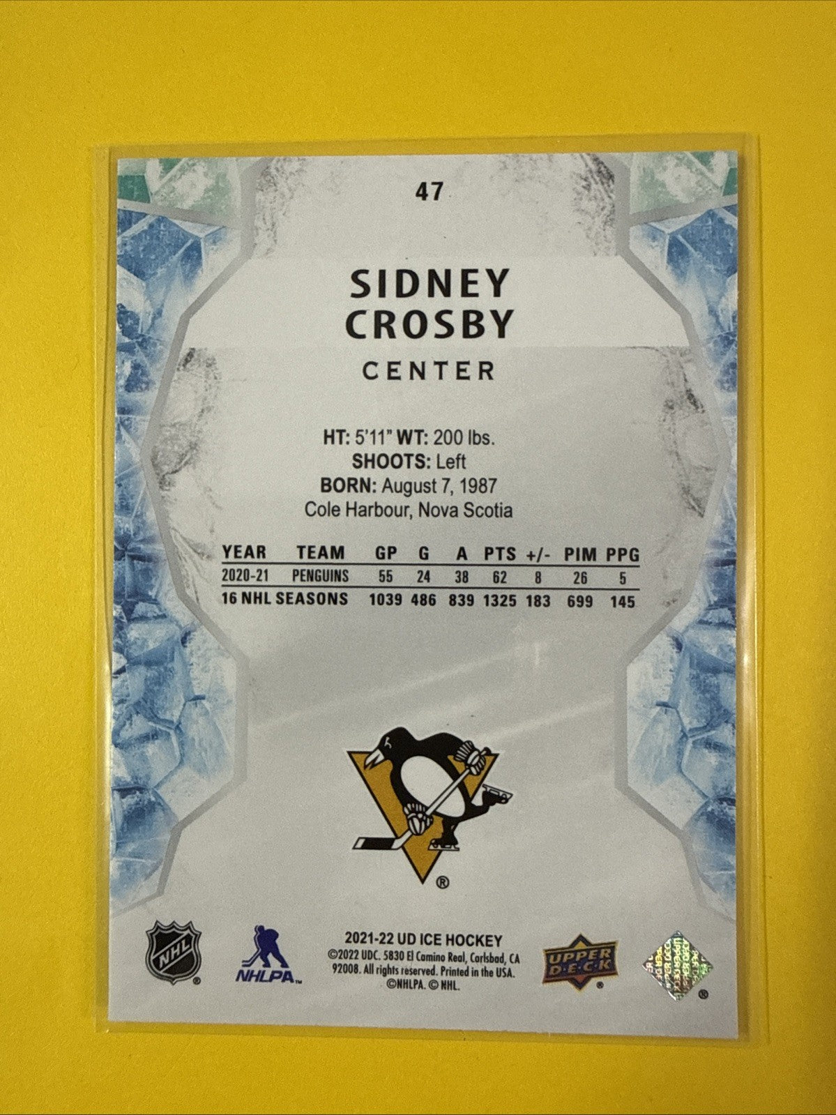 Sidney Crosby 2021/22 UD Ice Green Emerald Card - back