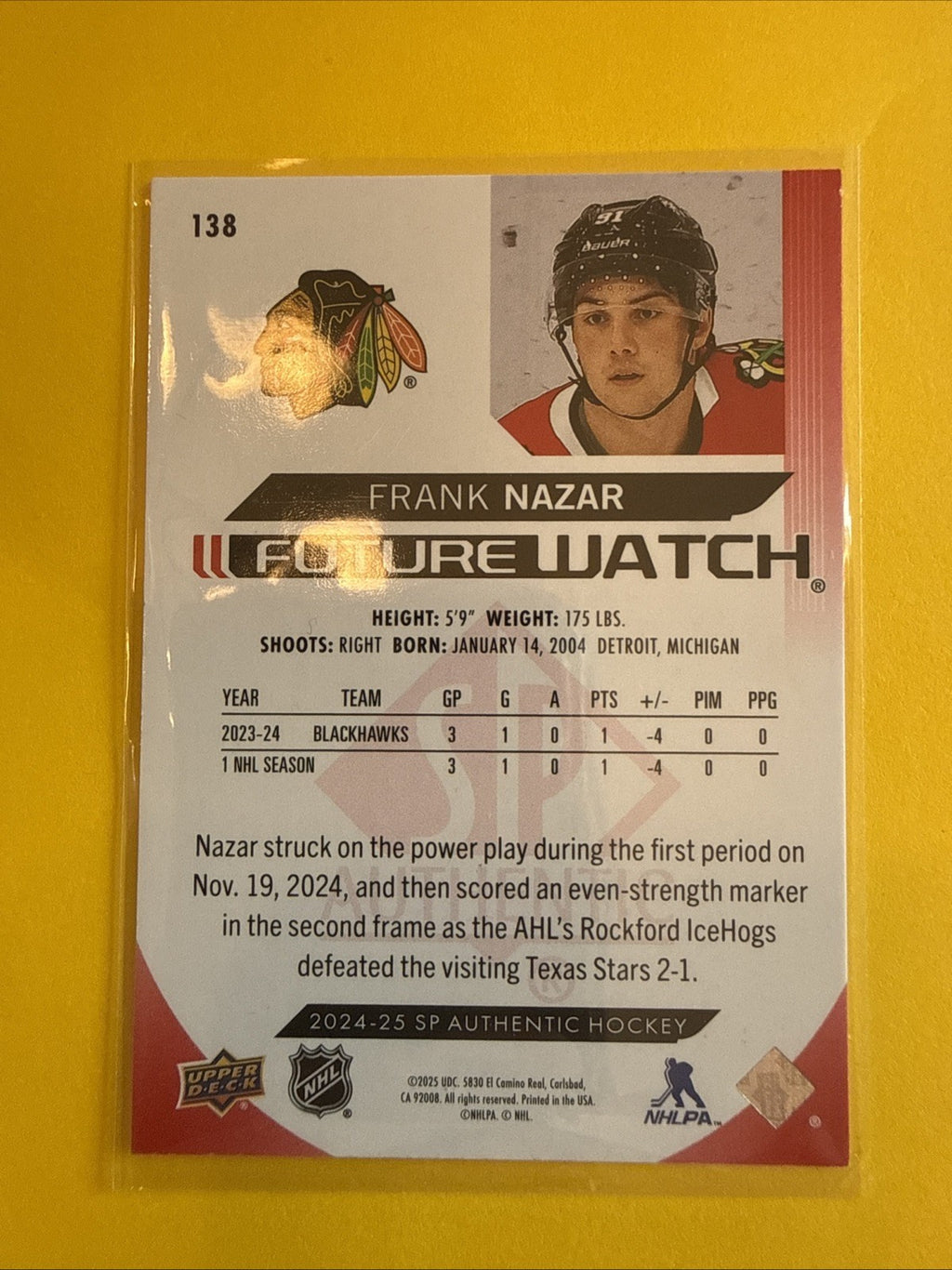 Frank Nazar Future Watch 2024/25 SP Authentic Card - back