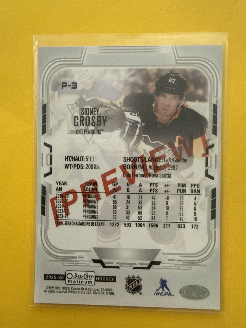Sidney Crosby 2025/26 O Pee Chee Platinum Preview Card - back