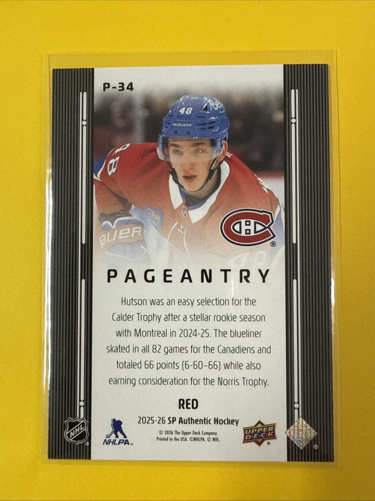 Lane Hutson . 2025/26 SP Authentic Pageantry Red Card - back