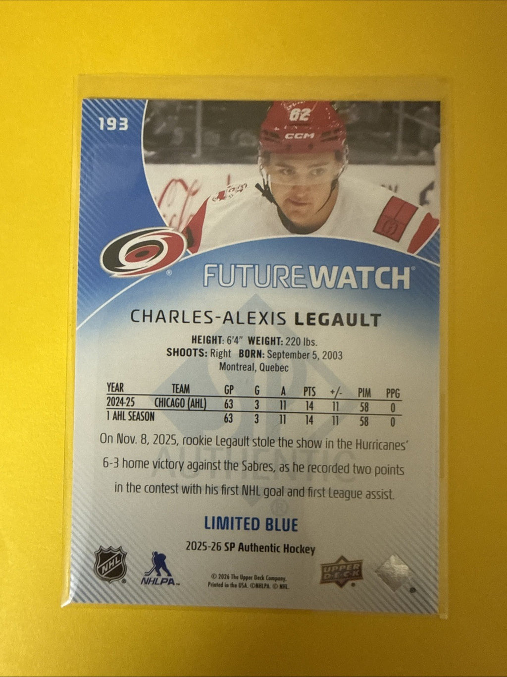 SP Authentic 2025/26 Future Watch Limited Blue Charles-Alex Legault 009/399 - back
