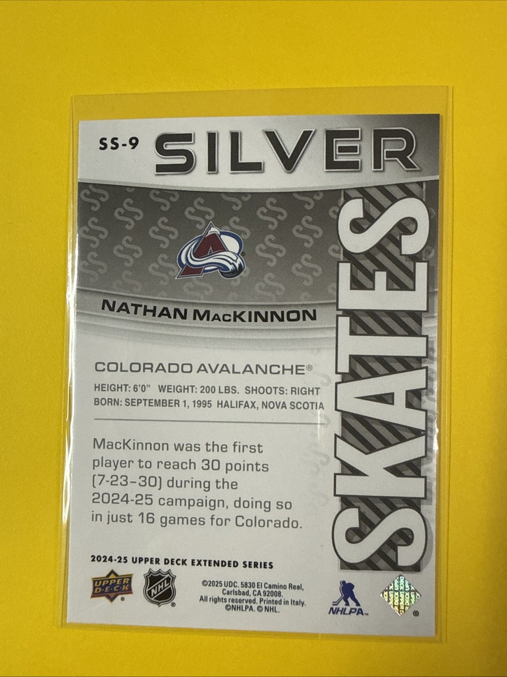 Nathan MacKinnon 2024/25 UD Silver Skates Card - back