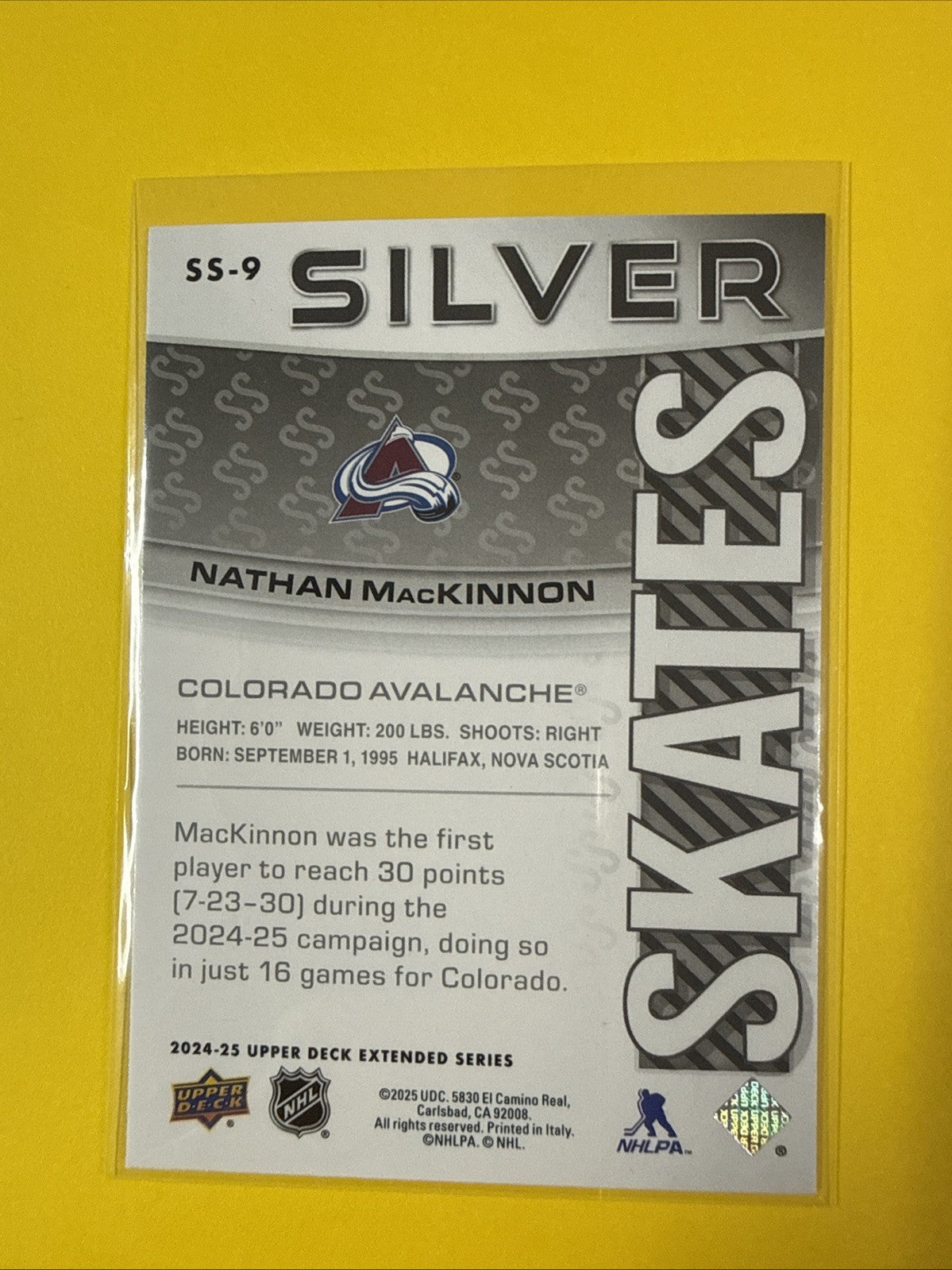 Nathan MacKinnon 2024/25 UD Silver Skates Card - back