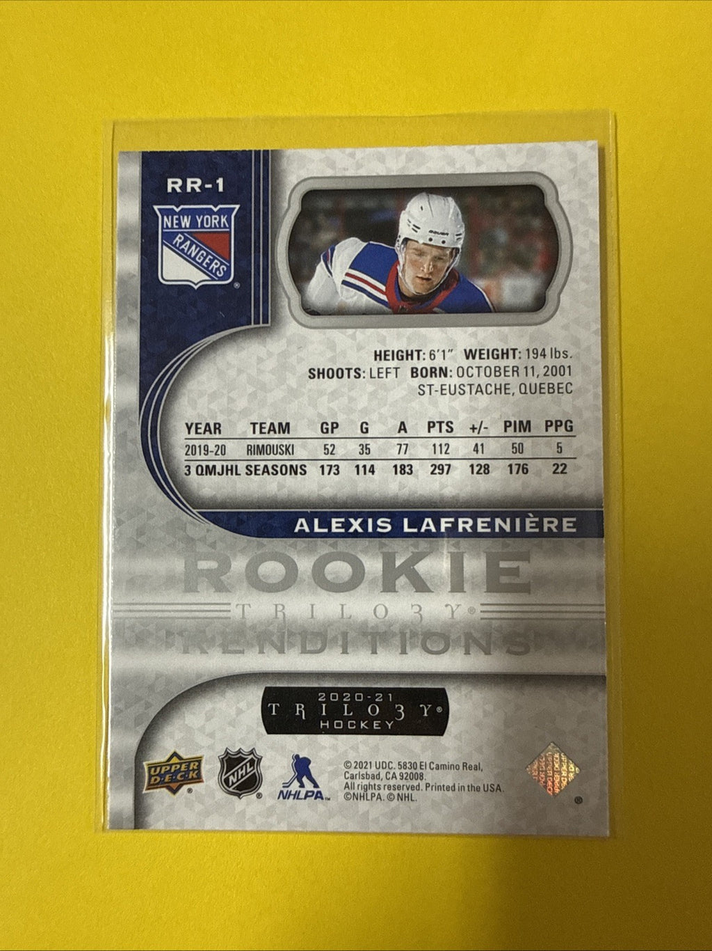 Alexis Lafreniere 2020/21 Trilogy Rookie Card - back