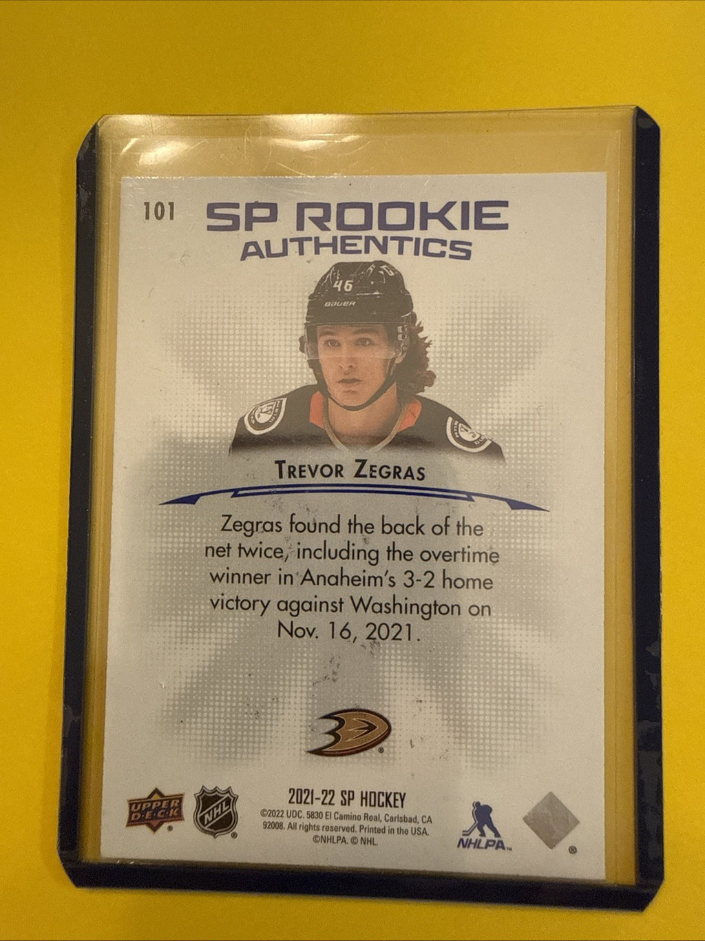 Trevor Zegras 2021/22 SP Authentic Rookie Cardcard - back
