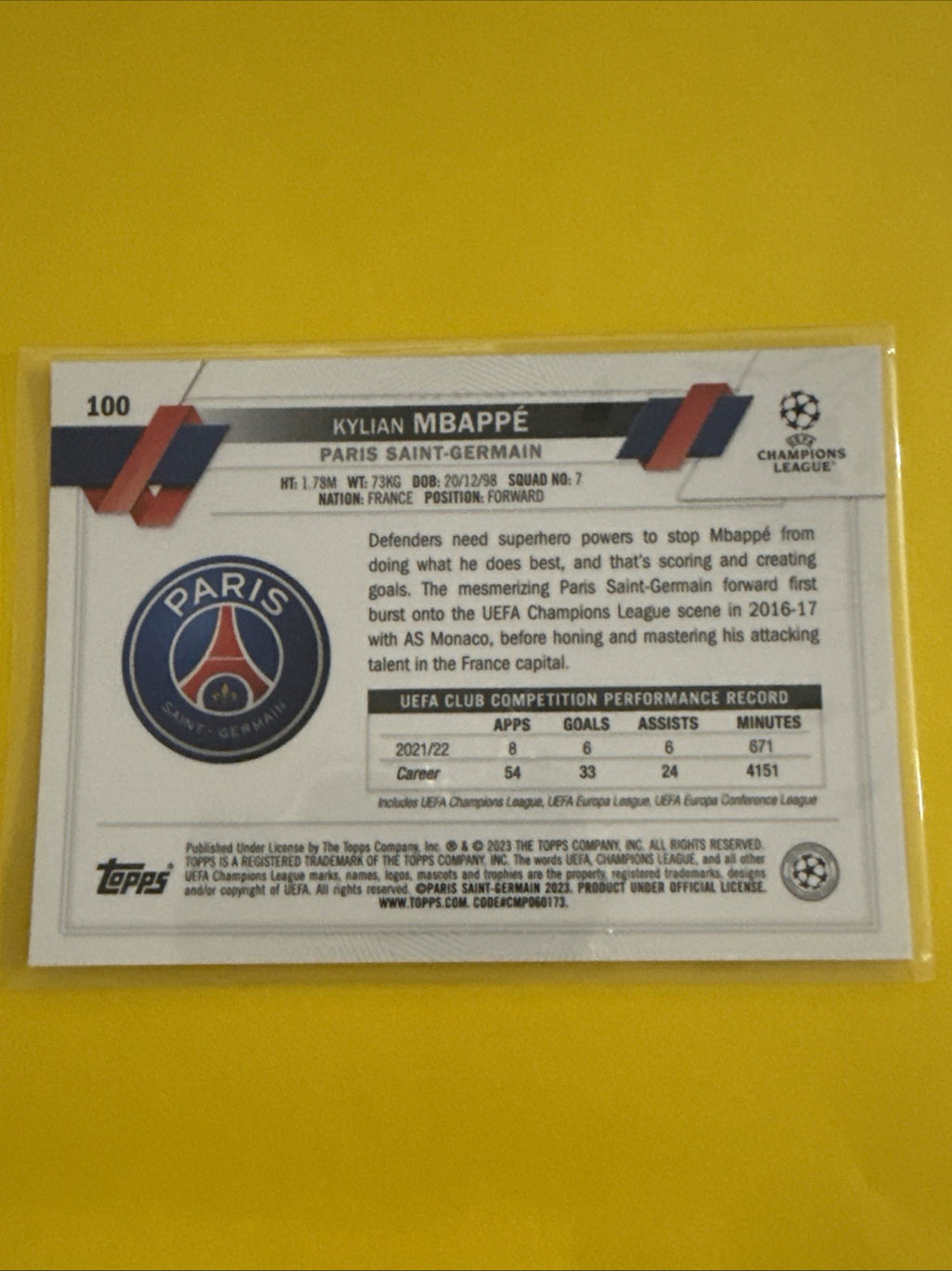 Kylian Mbappé 2023 Topps Chrome Soccer Card - back