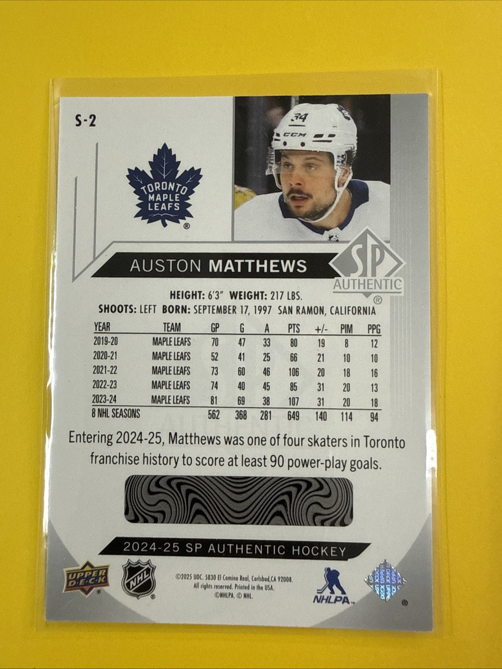 Auston Matthews 2024/25 SP Authentic Spectrum FX Card - back