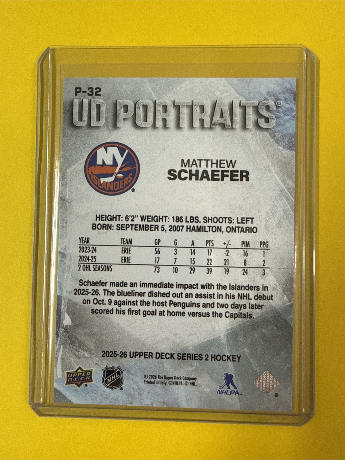 Matthew Schaefer 2025/26 UD Portraits Rookie Card - back
