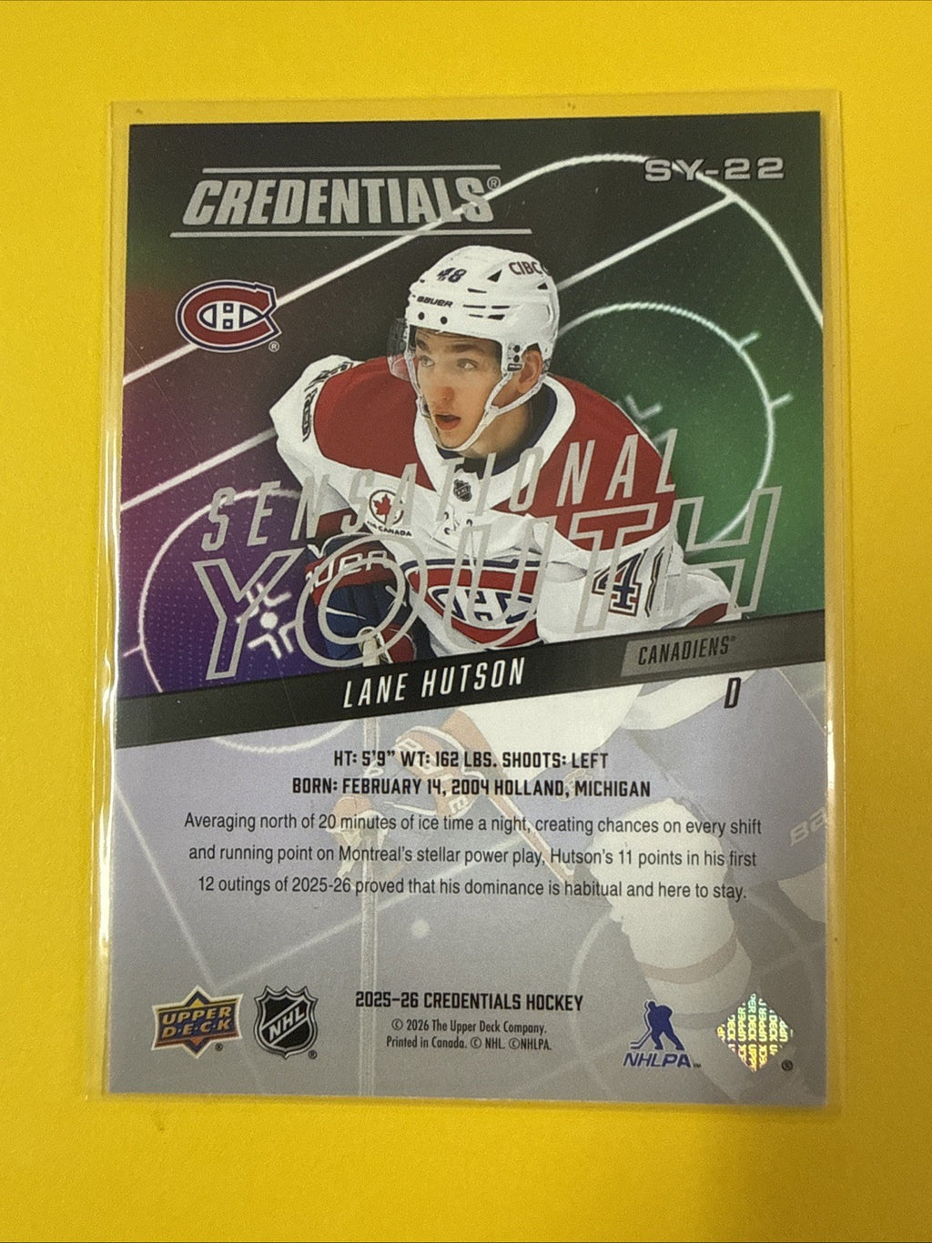 2025-26 Credentials Sensational Youth Lane Hutson Montreal Canadiens #SY-22 - back