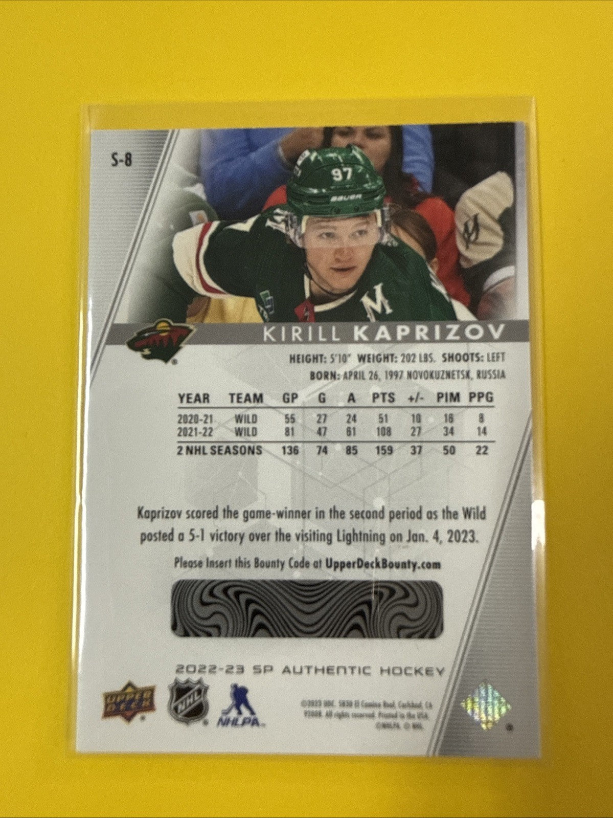 Kirill Kaprizov 2022/23 SP Authentic Spectrum FX Card - back