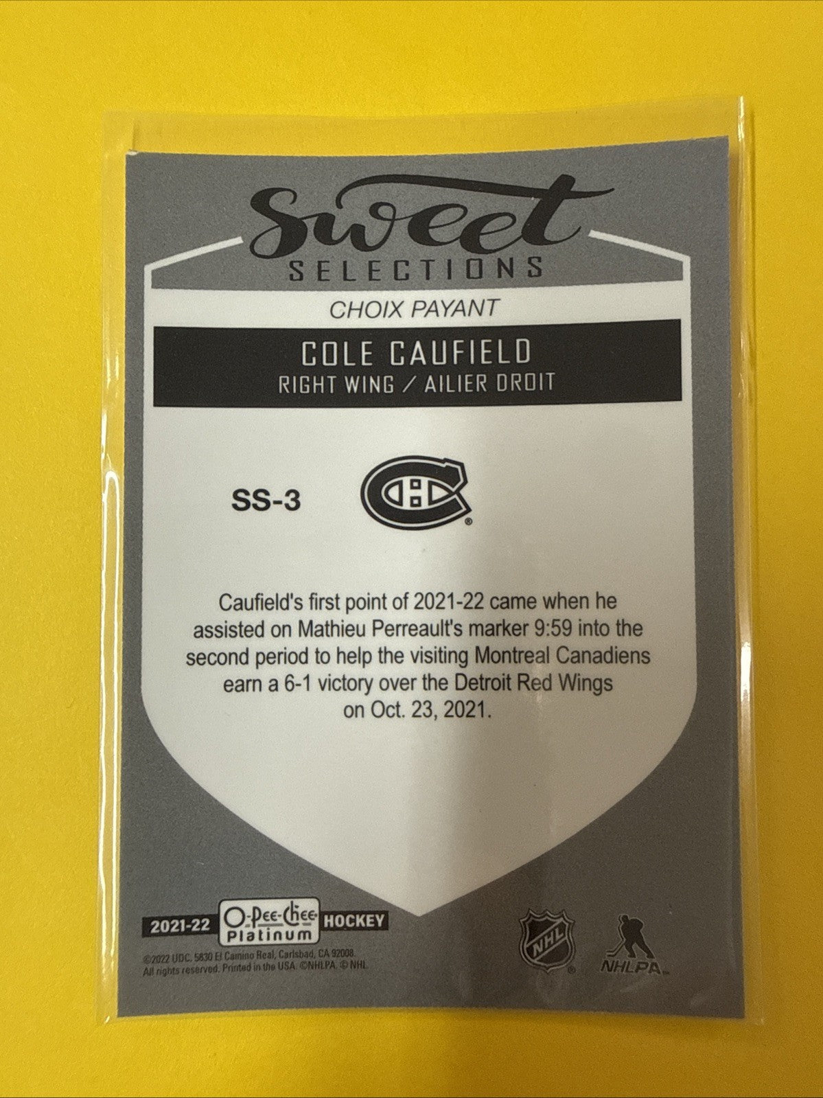 Cole Caufield 2021/22 O Pee Chee Platinum Sweet Selections Rookie Card - back