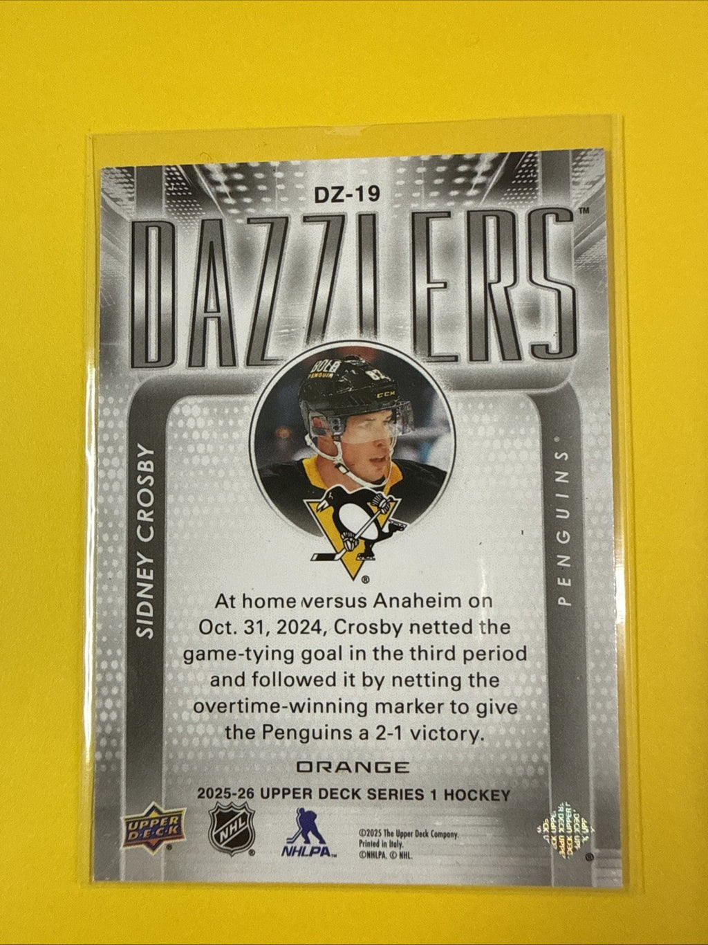 Sidney Crosby 2025/26 UD Orange Dazzlers Card - back