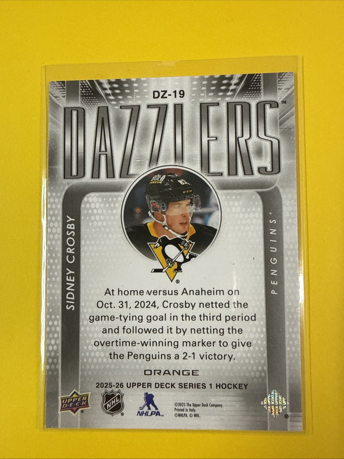 Sidney Crosby 2025/26 UD Orange Dazzlers Card - back