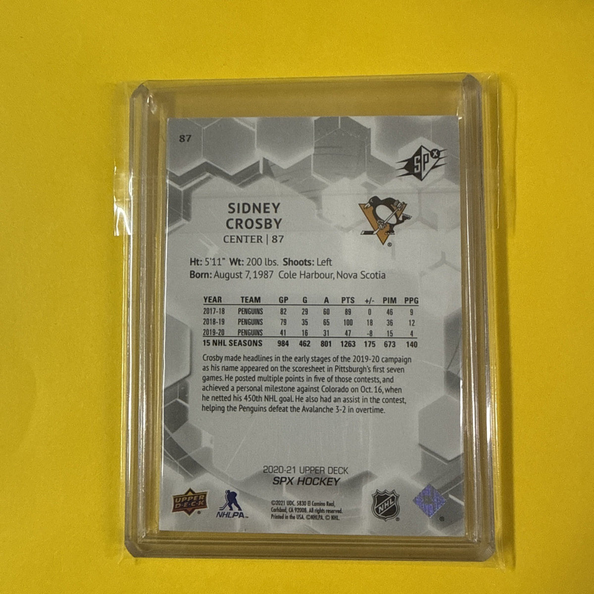 Sidney Crosby 2020/21 SPx Card Out of /299 - back