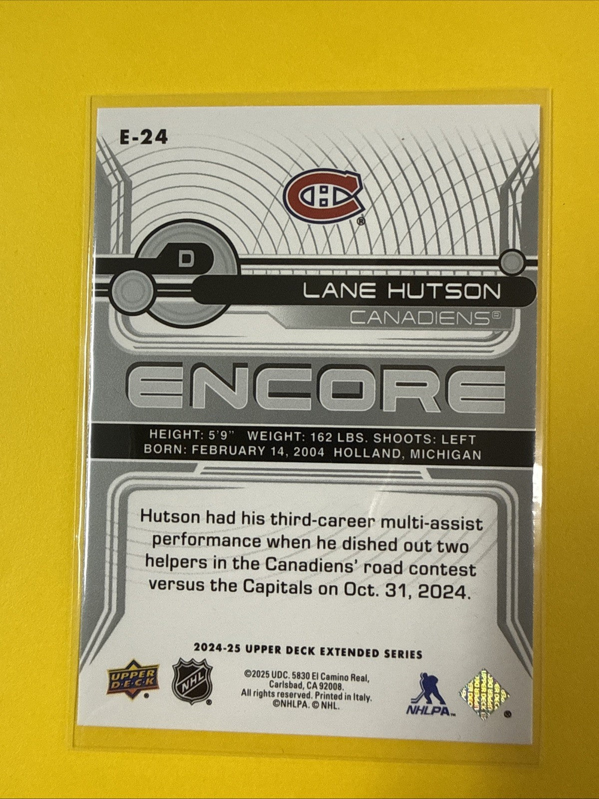 Lane Hutson 2024/25 UD Encore Rookie Card - back