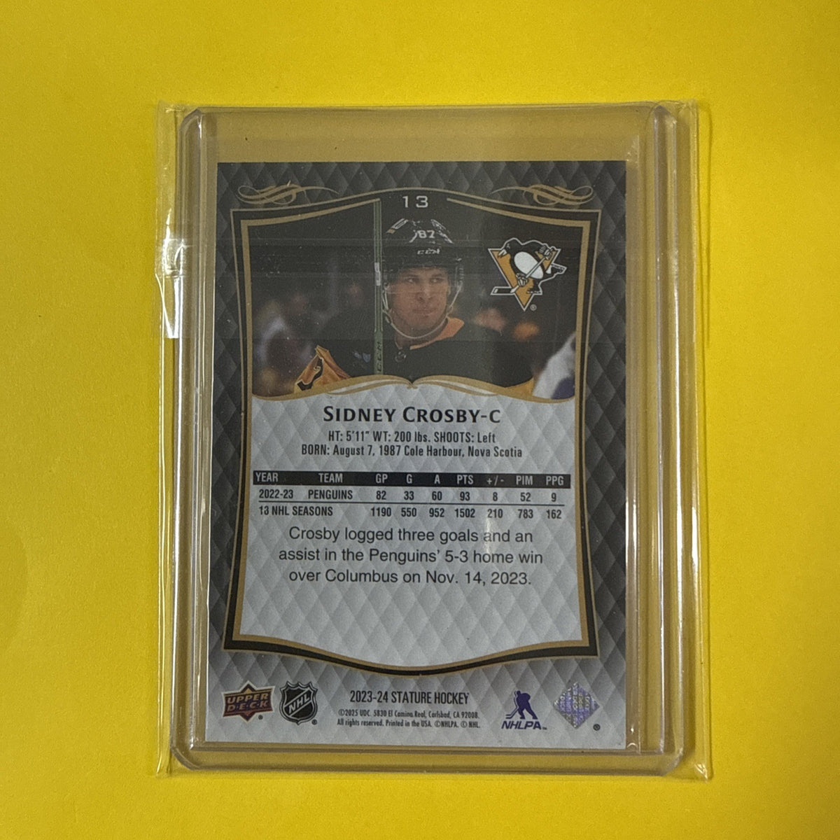 Sidney Crosby 2023/24 Stature Card - back