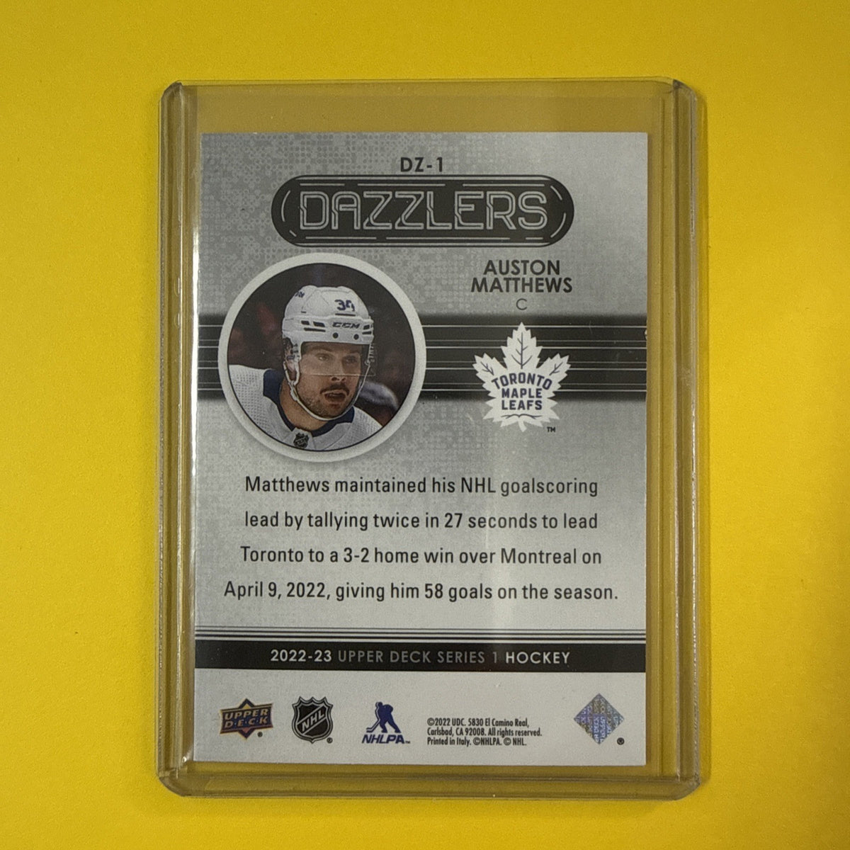 Auston Matthews 2022/23 UD Orange Dazzlers Card - back