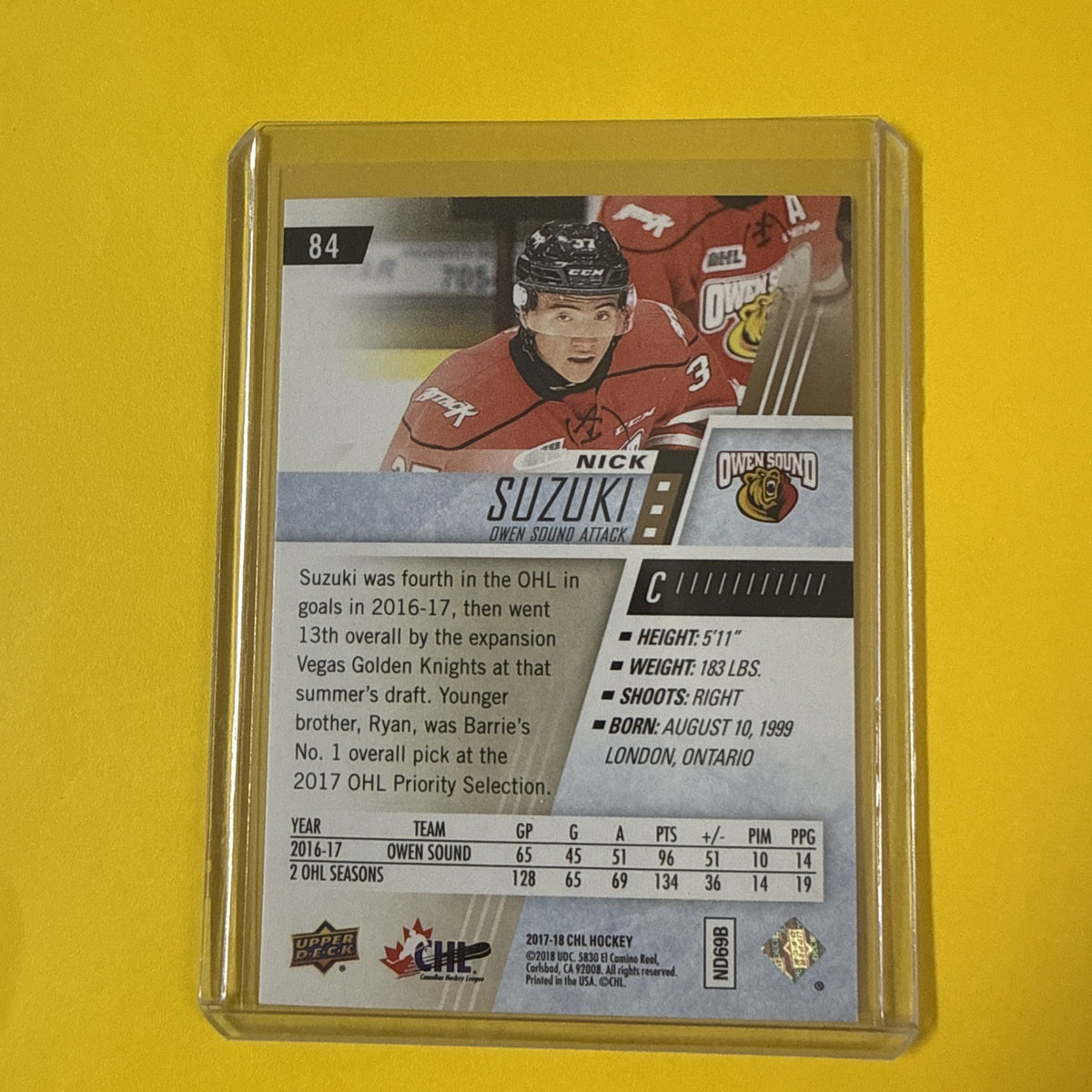 Nick Suzuki 2017/18 Chl Rookie Card - back
