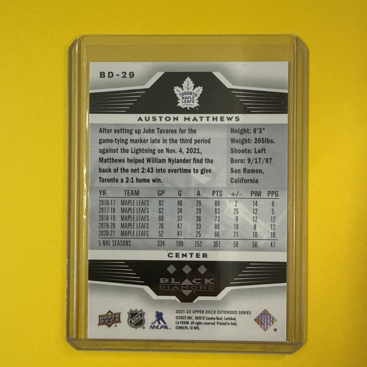 Auston Matthews 2021/22 UD Black Diamond Card - back