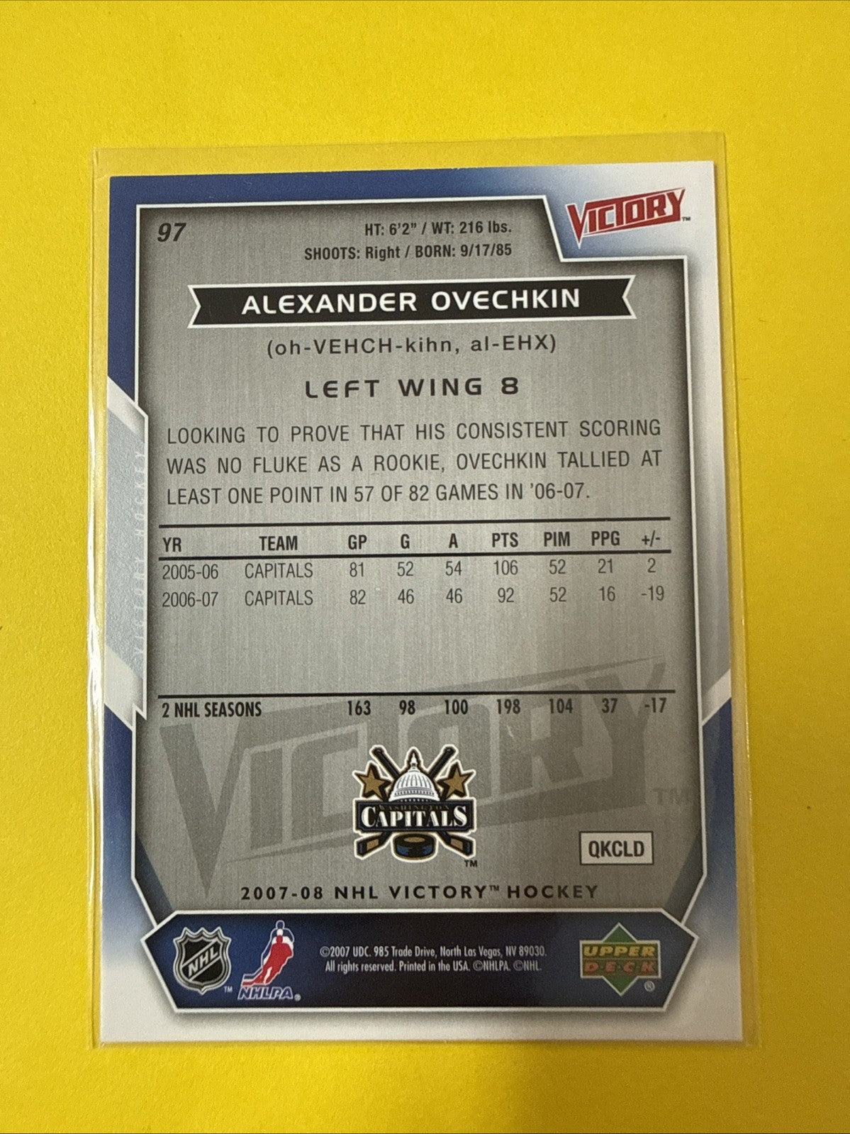 Alexander Ovechkin 2007 Card - back