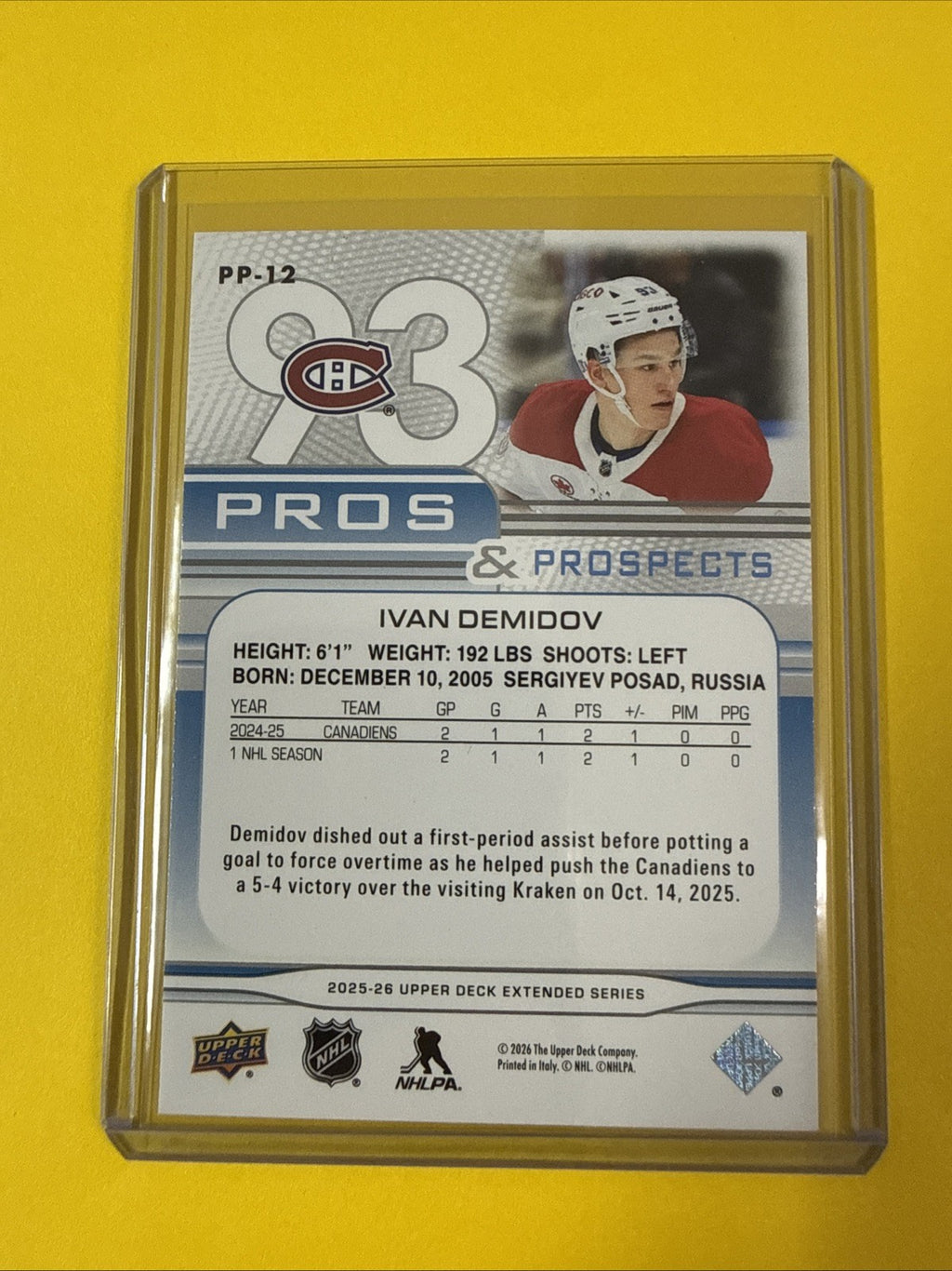 Ivan Demidov 2025/26 UD Pros & Prospects Rookie Card - back