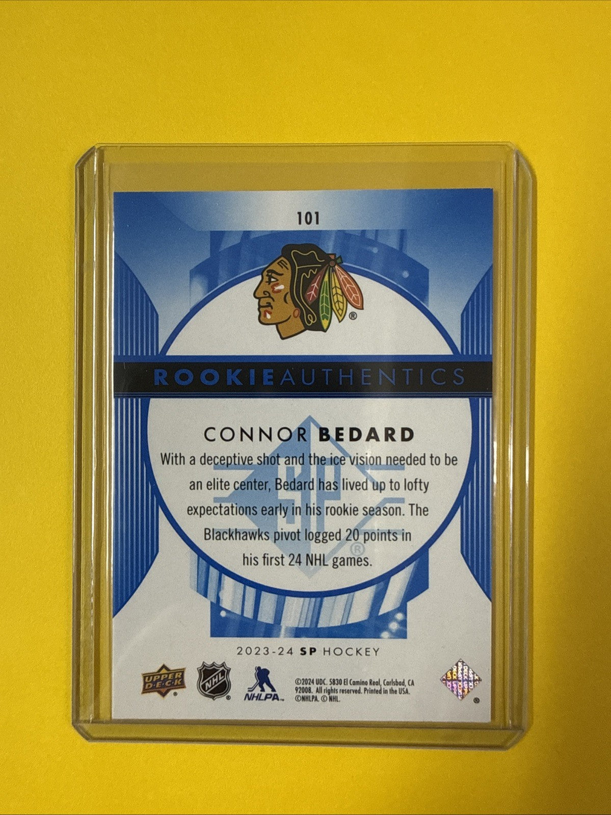 Connor Bedard 2023/24 SP Authentic Blue Rookie Card - back